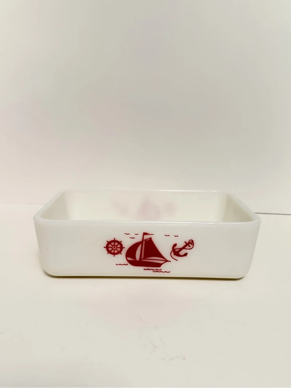 Vintage McKee White Milkglass Refrigerator Dish w/ Red Sailboat